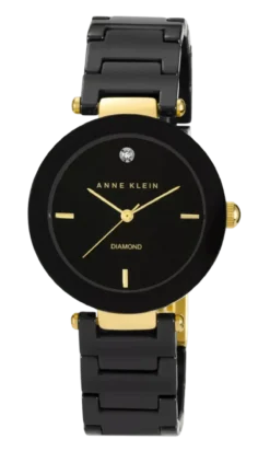Anne Klein women's black ceramic diamond dial watch with gold accents elegant fashion wristwatch